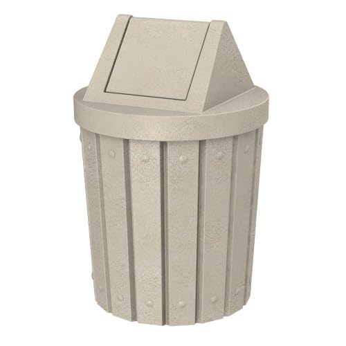42 Gallon Round Slatted 100% Recycled Plastic Heavy Duty Outdoor Trash Can with Swing Top Lid - Beige Granite