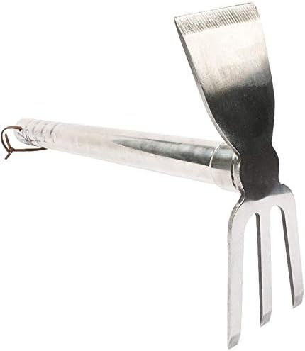 LUBAN Stainless Steel Garden Hoe Rake Hand Tool, 15" Metal Hand Hoe & 3 Prong Cultivator Dual Headed Gardening Tool for Weeding, Digging, Seeding Multipurpose