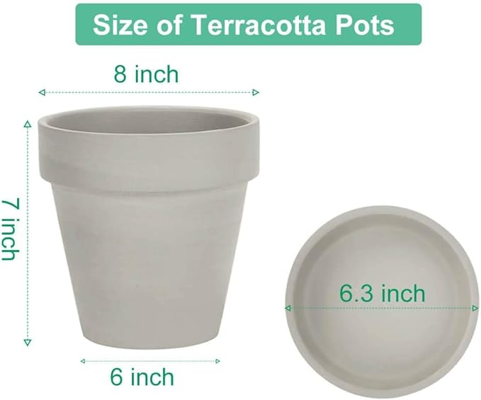 vensovo Gray 8 Inch Terracotta Pot for with Drainage - 2 Pack Large Terra Cotta Plant Pot with Saucers, Flower Clay Pot with Tray, Terracotta pot for Indoor Outdoor