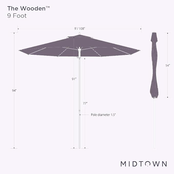 Midtown Umbrellas The Wooden 9 Feet Patio Umbrella With Sunbrella Red Acrylic Fabric - Aluminum Frame Market Umbrella For Backyard, Deck, Garden, Pool - Wooden Pole