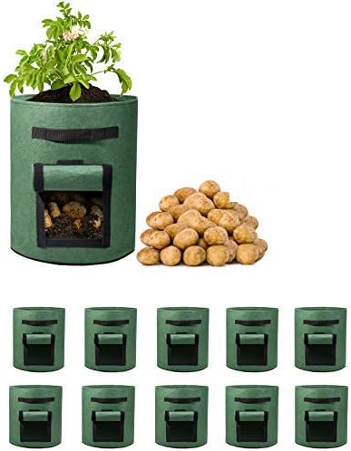 Delxo 10Pack 10 Gallon Potato Grow Bags,Grow Bags for Vegetable with Window, Double Layer Premium Breathable Nonwoven Cloth for Potato/Plant Container/Aeration Fabric Pots with Handles in Green