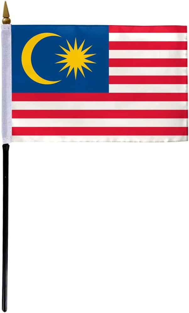 AGAS Malaysia Flag 4x6 inch - 11" Plastic Pole 100% Polyester Stitched Edges Malaysian National Mini Flag on a Stick