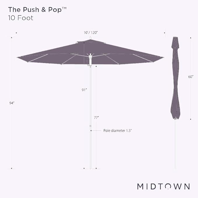 Midtown Umbrellas Push Pop Sunbrella Umbrella 10 Feet Large Outdoor Umbrella With Canvas Glacier Acrylic Fabric - Deck Patio Umbrella, Backyard Umbrella, Garden Umbrella & Pool Umbrella - Black Pole