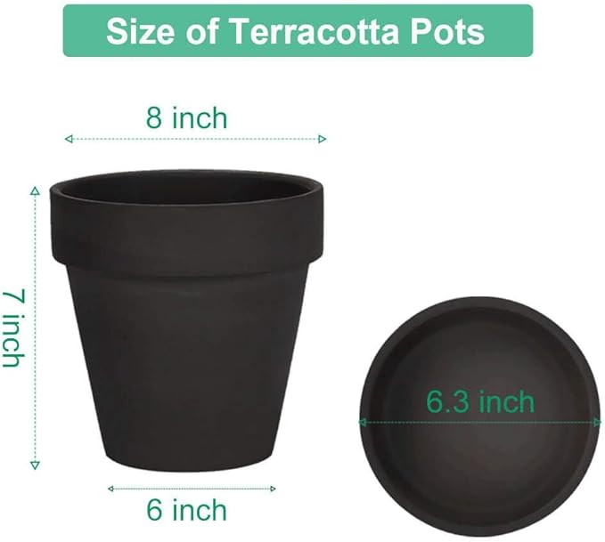 Vensovo 8 Inch Black Clay & Terracotta Pots for Plant with Saucer - 2 Pack Large Ceramic Terra Cotta Planter with Drainage Hole, Clay Flower Pot with Tray for Indoor Outdoor Plants