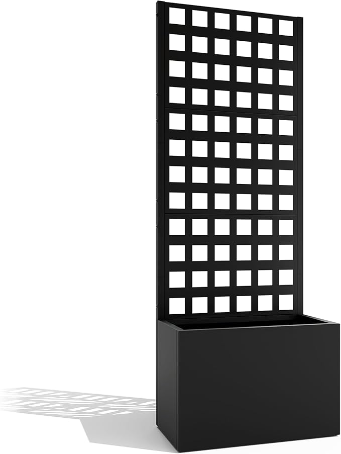 Metal Planter Box with Trellis, Heavy-Duty Raised Garden Bed for Climbing Plants, Drainage Hole, Outdoor Planter Box with Privacy Screen,24''L×12''W×63''H