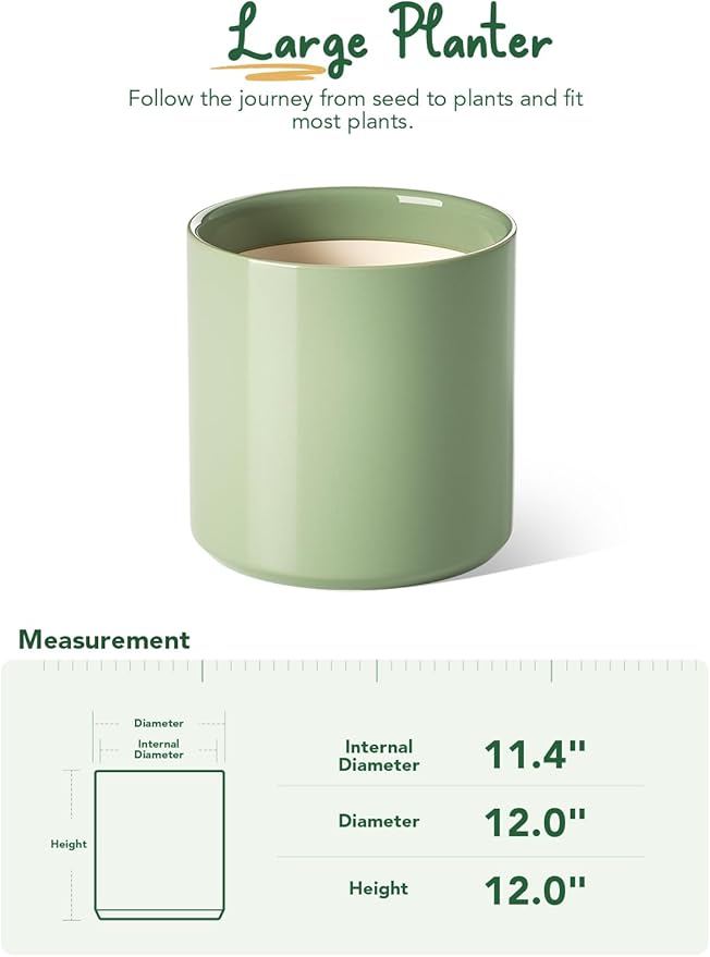 LE TAUCI 12 Inch Pots for Plants, Ceramic Large Plant Pot for Indoor Plants, Mid-Century Modern Planter Pot with Drainage Hole, Reactive Glaze Green