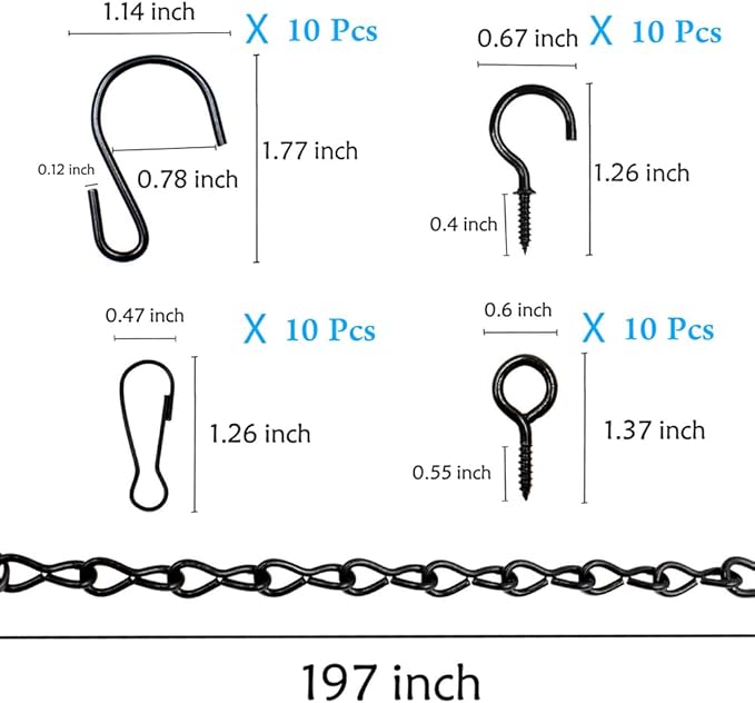 236 Inch Black Metal Hanging Chains and Hanging Basket Hooks Set for Bird Feeders, Birdbaths, Planters, Grow Lights, Lanterns, Wind Chime and Ornaments, Screw Eye Hooks, Chain Hooks DIY