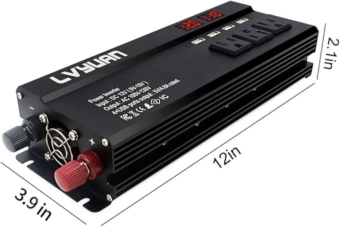 Yinleader Power Inverter 1000Watts Inverter 12V DC to 110V AC Car Converter w/Display 4 AC Outlets 4 USB Port and Cigarette Lighter for Vehicles Laptop Emergency,conversor 12v a 110 carro Inversor