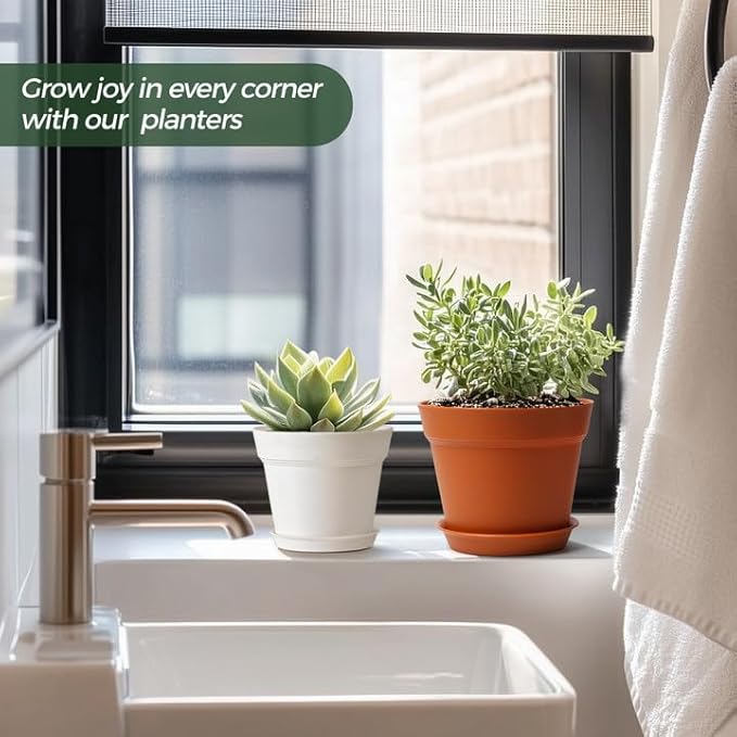 T4U 6 Inch Flower Pots 18-Pack - Small Plastic Planter with Drainage Hole and Saucer, Decorative Nursery Plant Pot Bulk for African Violet, Aloe and All House Plants Indoor (Terracotta)