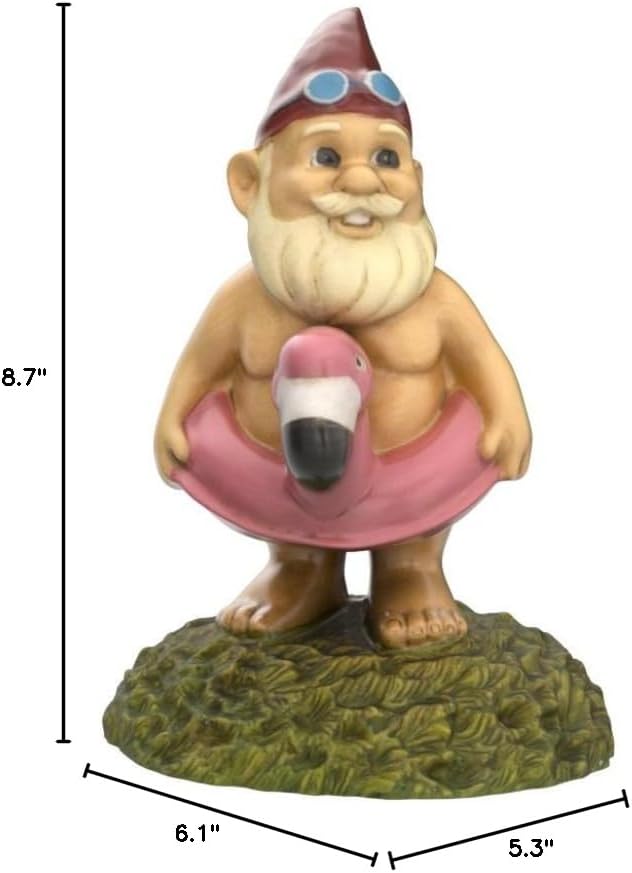 8.5” Flamingo Pool Float Garden Gnome – Funny Lawn Statue for Poolside & Outdoor Decor – Durable Resin Yard Ornament – Unique Gift for Summer Fun & Quirky Decorations