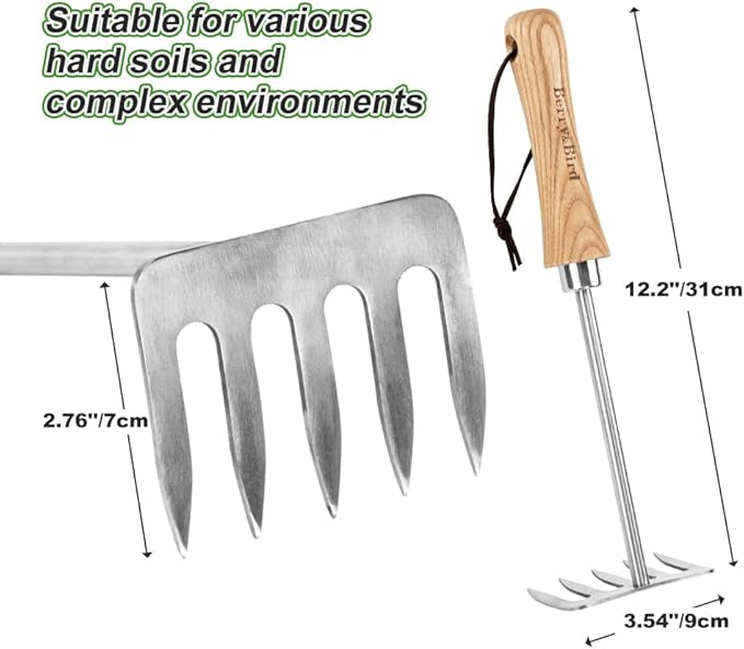 Berry&Bird Premium Hand Rake for Gardening, 5 Tines Hand Tiller Hand Cultivator Small Rake Garden Tool with Wood Handle, Ideal Garden Hand Tools for Digging, Aerating, Weeding and Loosening Soil