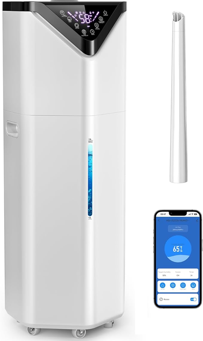 5Gal Smart Humidifier Large Room up to 2800ftยฒ, 1000mL/h, APP & Remote Control, 180ยฐ Auto Rotating Nozzle, 24H Timer, 60H Supersized Cool Mist Humidifiers for Whole House Home Bedroom Office Plants