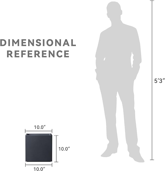 Kante 10 Inch Square Concrete Planter for Outdoor Indoor Home Patio Garden, Large Plant Pot with Drainage Hole and Rubber Plug, Charcoal