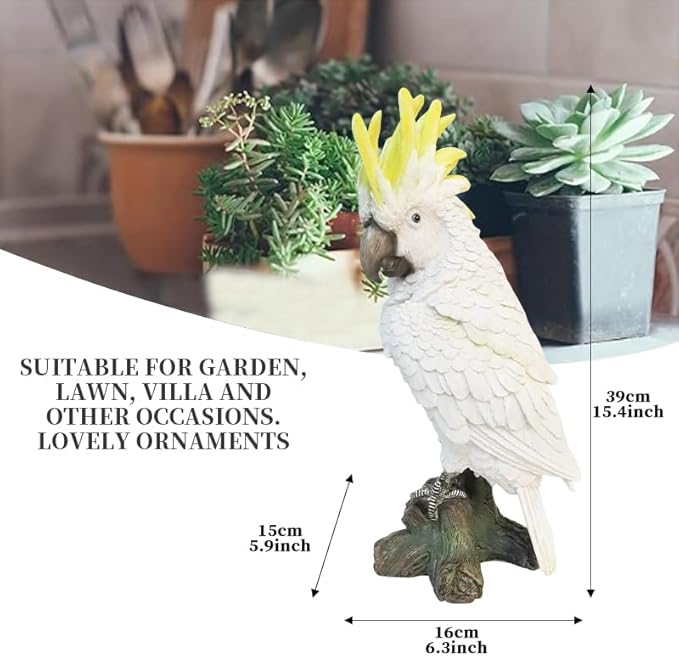 Decorative Parrot Garden Statue, Garden Decor Sculptures Statues Outdoor, Cockatoo Bird Tropical Indoor Desk Decor, Yellow White, 15.35 inches high