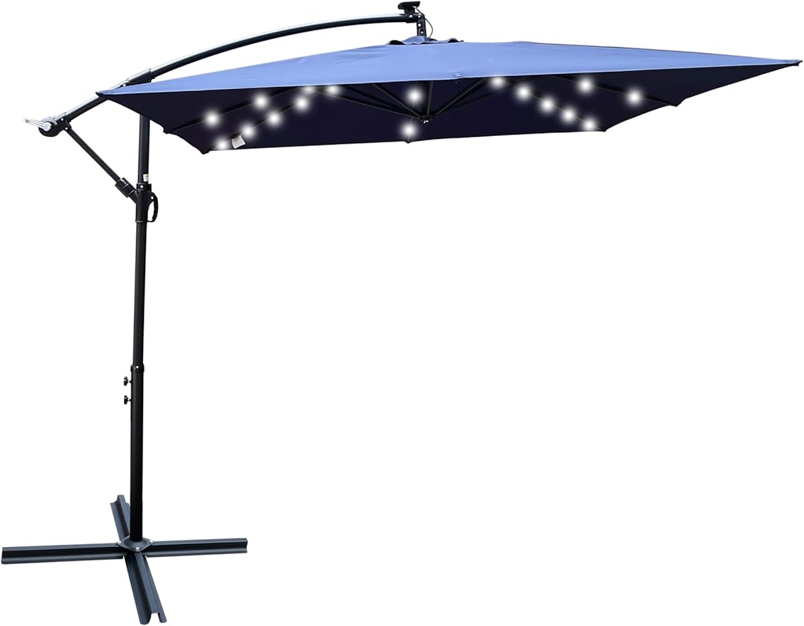 8x8FT Patio Umbrella, Outdoor Offset Umbrella with Cross Base and Crank, Square Cantilever Umbrella with Solar Lights, Hanging Market Umbrella with 8 Rids for Pool, Deck, Backyard (Navy Blue)