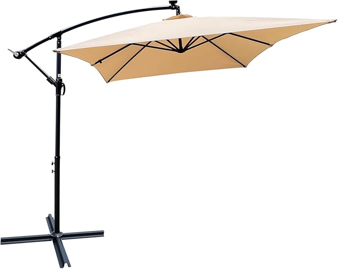 10x6.5FT Patio Umbrella, Outdoor Offset Umbrella with Cross Base and Crank, Rectangular Cantilever Umbrella with Solar Lights, Hanging Market Umbrella with 6 Rids for Pool, Deck, Backyard (Tan)