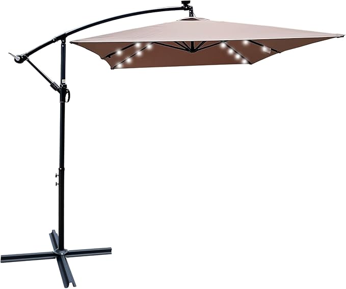 10x6.5FT Patio Umbrella, Outdoor Offset Umbrella with Cross Base and Crank, Rectangular Cantilever Umbrella with Solar Lights, Hanging Market Umbrella with 6 Rids for Pool, Deck, Backyard (Mushroom)