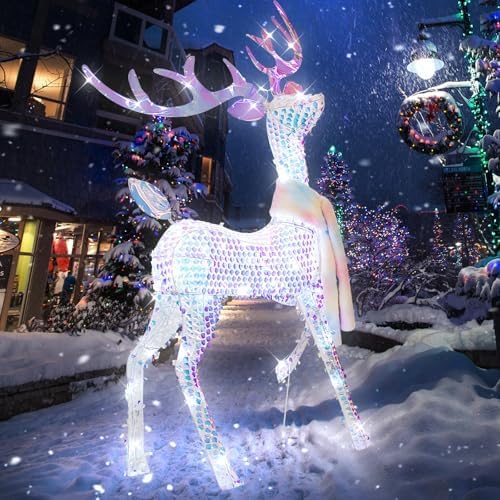 4.5FT Lighted Up 3D Iridescent Christmas Reindeer Decorations, Indoor Outdoor LED Pre Lit Metal Frame Holiday Decor,Cool White Lights Xmas Yard Decoration