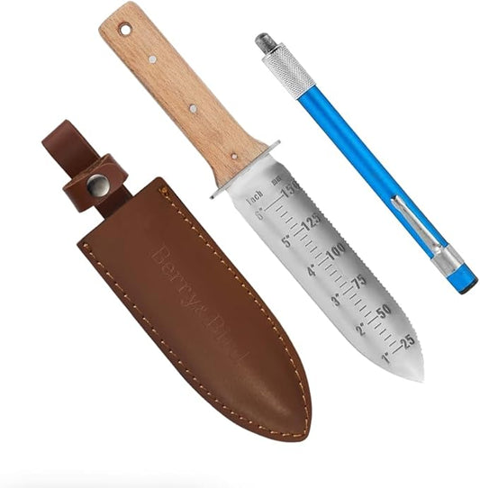 Berry&Bird Hori Hori Garden Knife with Leather Sheath, Premium Gardening Soil Knife with 6" Stainless Steel Double Edge Sharp Blade, Japanese Gardening Tool for Weeding, Digging, Cutting & Planting