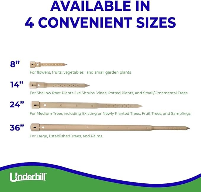 Underhill Deep Drip Irrigation Stakes 14-1/2-Inch, Case of 25 Watering Spikes for Trees and Bushes with Shallow Roots, Drip System Tubes, A-DD14-25
