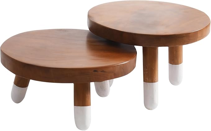 9" Round Dip Dyed Teak Plant Stand |Wood Risers for Decor | Wood Pedestal Stand Riser 4"+6" Tall-2 Pack
