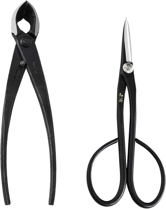 Wazakura Japanese Bonsai Tool Kit Set Made in Japan, Satsuki Scissors 7inch(180mm) + Concave Branch Cutter 8inch(200mm) Gift Box (Yasugi Steel Satsuki Scissors + Concave Branch Cutter)