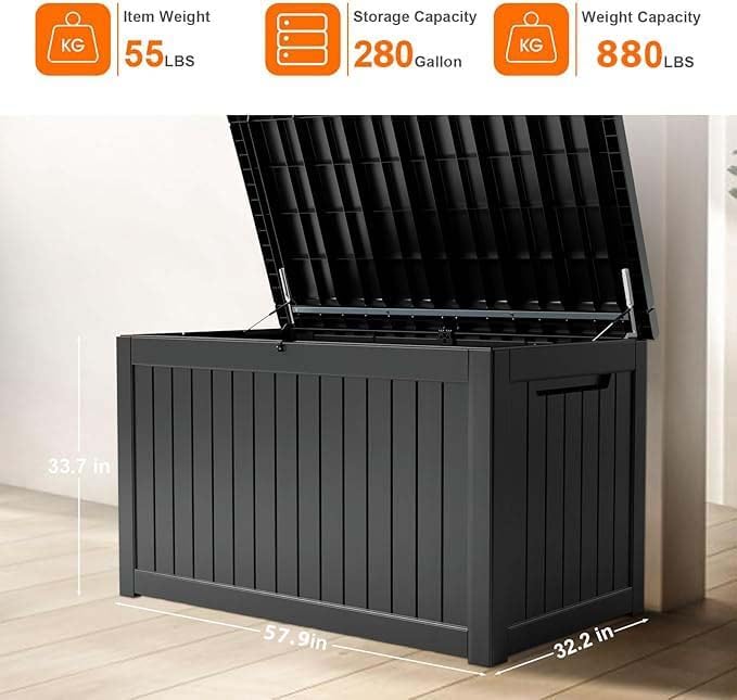 ROJIK Outdoor Storage Housing Deck Box,Waterproof Patio Furniture, Garden Tools,Cushions,Pool Accessories Storage Bench with Lockable Lid and Side Handles (Black,280 Gal)