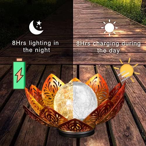 12 inches Solar Lights Outdoor Garden, Crackle Globe Glass Lotus Decoration, Waterproof LED Metal Flower Lights for Patio,Lawn,Walkway,Tabletop,Ground Gardening Gifts (Gold Hollow)