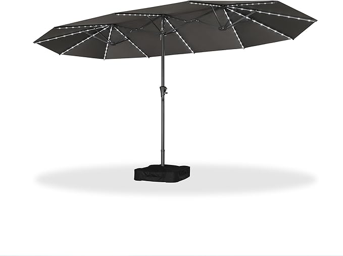 PURPLE LEAF 14ft Patio Umbrella with Solar Lights Outdoor Double-Side Market Umbrella with Base Included Rectangle Table Umbrella for Pool Garden Backyard, Grey