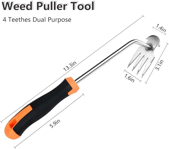 Weed Puller Tool,2025 New Garden Weeder Tool Stainless Steel Hand Weeder Tool,4 Teethes Dual Purpose Weed Remover Tool Weeding Tools for Gardening (Rubber Handle)