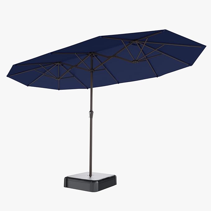15FT Double Sided Patio Umbrella with Base Included Large Outdoor Market Umbrella with Crank Handle, UV Resistant Canopy, Sturdy Frame for Garden, Poolside, Deck, Navy Blue