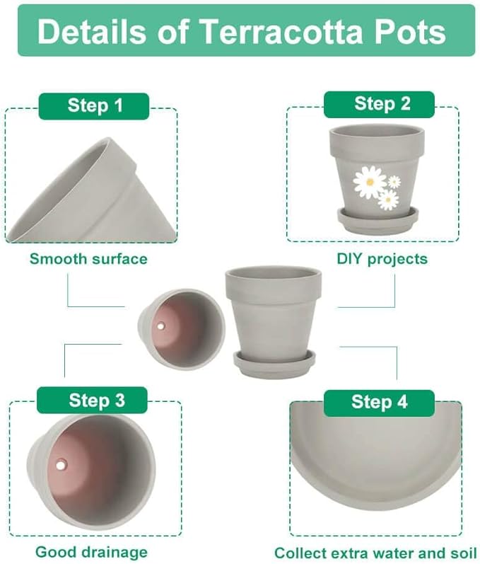 vensovo Gray 8 Inch Terracotta Pot for with Drainage - 2 Pack Large Terra Cotta Plant Pot with Saucers, Flower Clay Pot with Tray, Terracotta pot for Indoor Outdoor