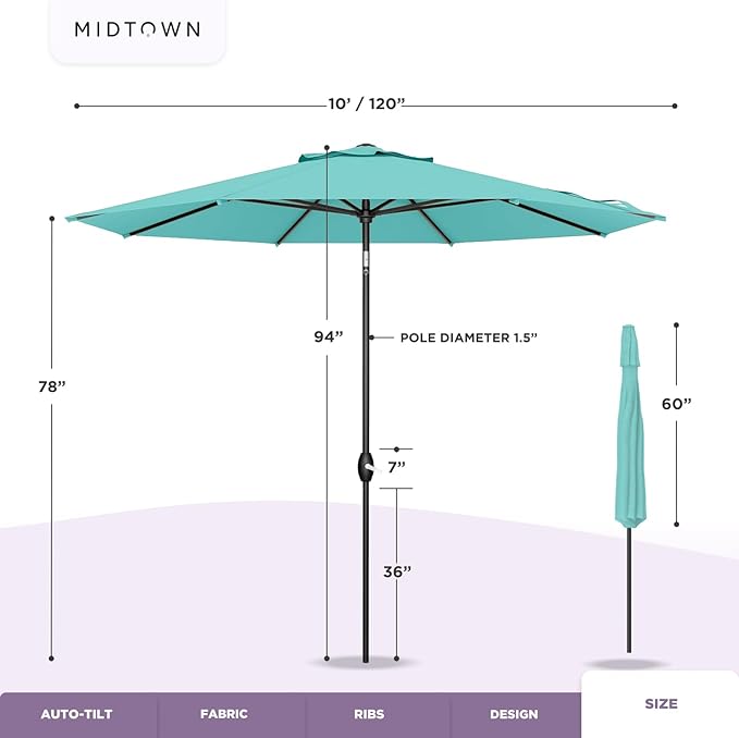 Midtown Umbrellas 10-Year-No-Fade - 10 Ft - UV Proof Ebony Black Polyester Fabric - Umbrella Outdoor Patio, Aluminum Frame Large Patio Umbrella for Garden, Pool & Deck - Black Pole