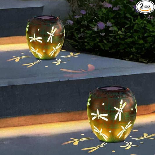 2 Pack Dragonfly Solar Lanterns Outdoor Waterproof, Hollow Out Metal Lantern Lights, Hanging Solar Lights for Yard, Patio, Porch, Garden Decor, Outdoor Decoration LED Lantern for Yard, Garden