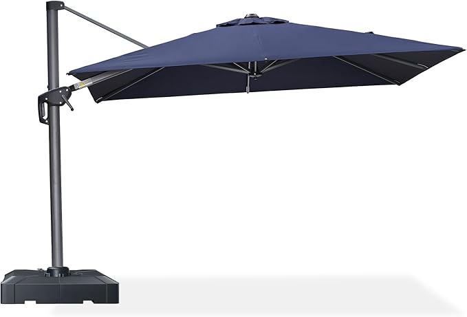 PURPLE LEAF 8' X 8' Patio Umbrella with Base for Pool 7' High Offset Outdoor Cantilever Umbrella Swimming Pool Umbrella with 360°Rotation for Poolside Navy Blue