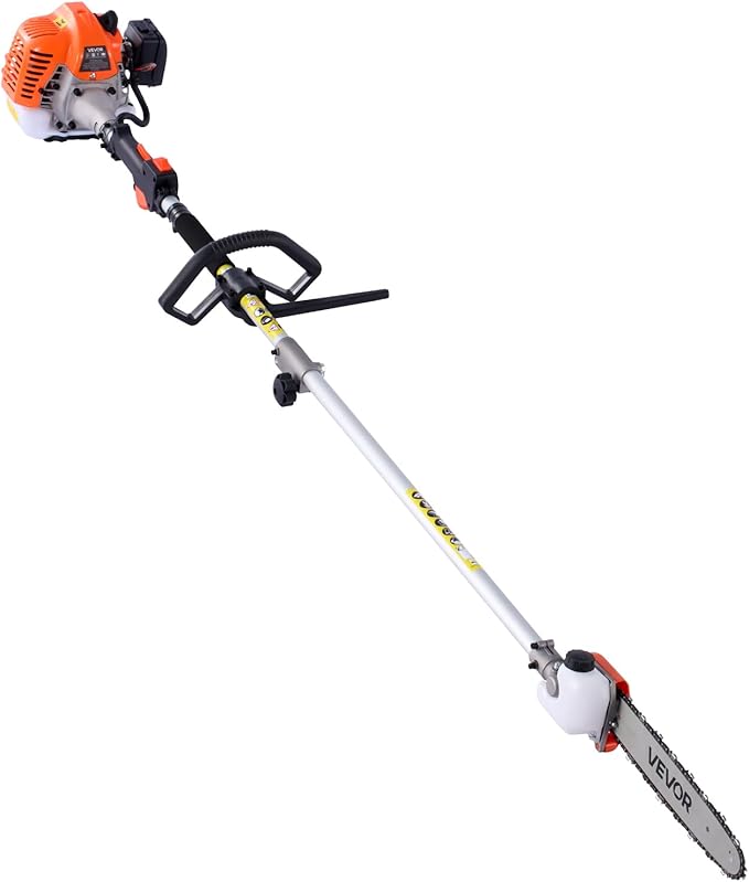Gas Chainsaw with Extension Pole VEVOR, Top Handle 12 Inch, 26cc 2-Cycle 7-in-1 Pole Saw Multi-Tool w/Safety Gear—Hedge Trimmer, String Trimmer/Weed Eater, Edger, Brush Cutter (3T/40T)