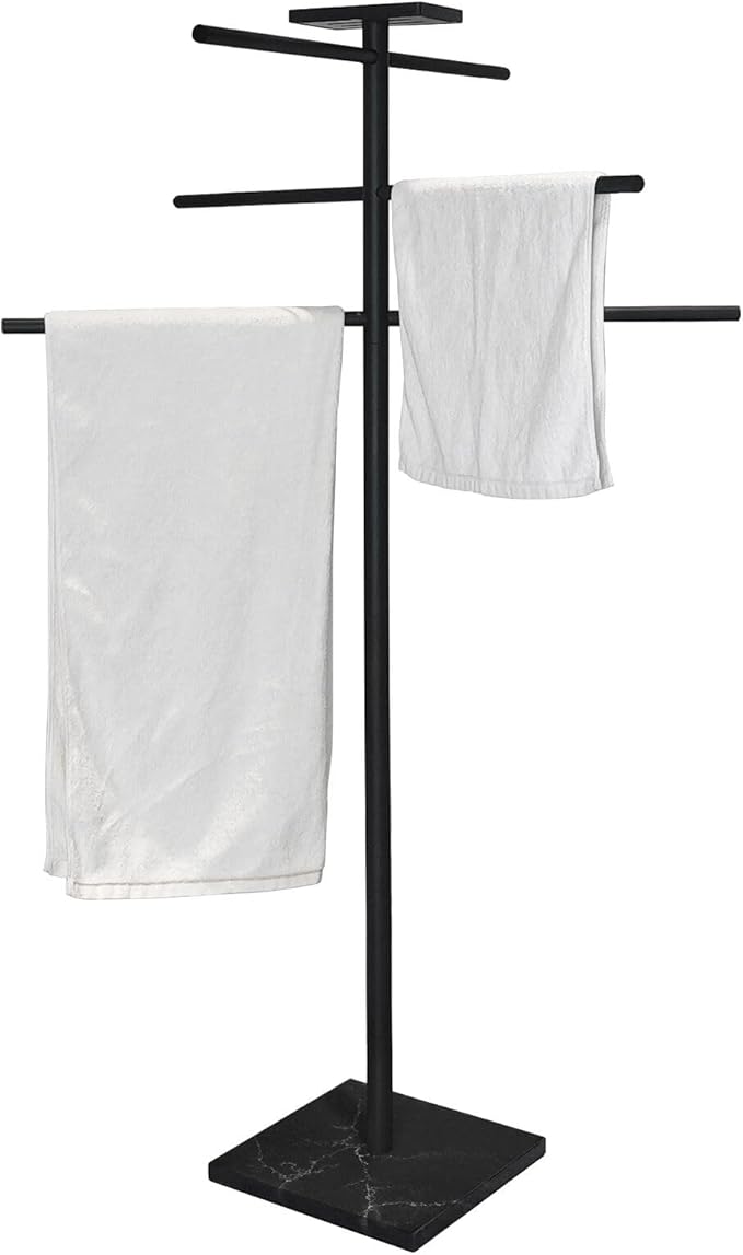 Swimming Pool Towel Rack with Tray, 304 Stainless Steel 6 Arms Freestanding Swimming Pool Towel Holder,Black Marble Base Outdoor Bath Sheet Drying Bar for Spa, Hot Tub & Patio