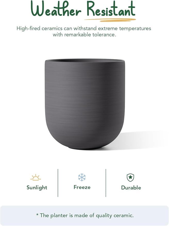 LE TAUCI 10 Inch Plant Pot, Ceramic Pots for Plants with Drainage Hole and Rubber Plug, Plant Pots Indoor for Home Garden Patio Office, Cylinder Planters for Indoor Plants, Charcoal Gray