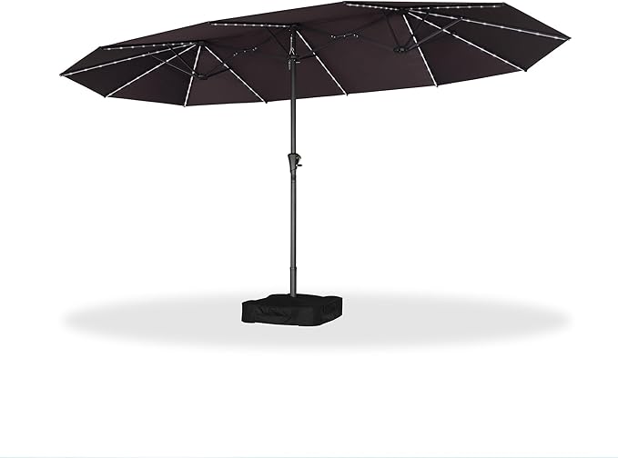 PURPLE LEAF 14ft Patio Umbrella with Solar Lights Outdoor Double-Side Market Umbrella with Base Included Rectangle Table Umbrella for Pool Garden Backyard, Light Grey