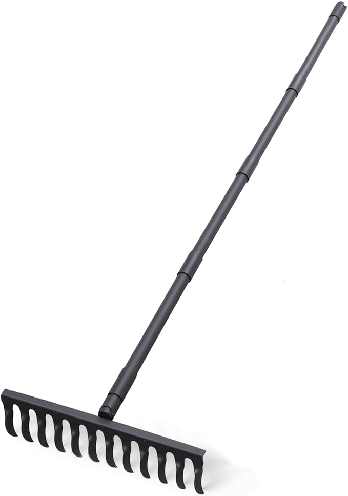 60 Inch Rake for Gardening Leveling Rake Heavy Duty Rake Tool with 12 Tines Adjustable Long Handle Thatch Rake for Loosening Soil Leveling Mulch Gathering Leaves, Black