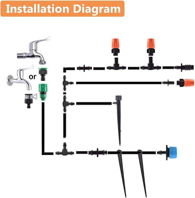 MSDADA 50Ft Drip Irrigation Kit, Automatic Garden Irrigation System 1/4" Blank Distribution Drip Hose, Atomizing Nozzle Mister Dripper for Greenhouse, Garden, Flower Bed, Patio, Lawn(Blue)
