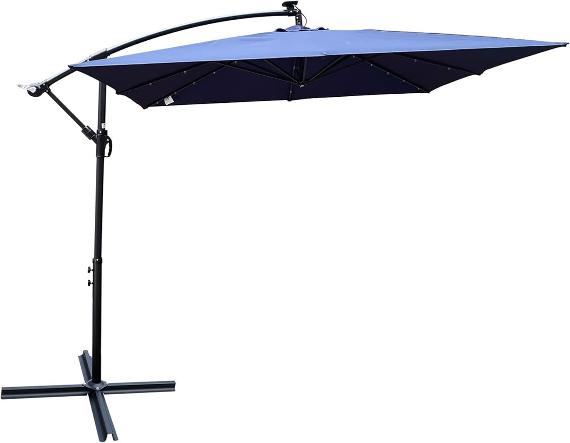 8x8FT Patio Umbrella, Outdoor Offset Umbrella with Cross Base and Crank, Square Cantilever Umbrella with Solar Lights, Hanging Market Umbrella with 8 Rids for Pool, Deck, Backyard (Navy Blue)