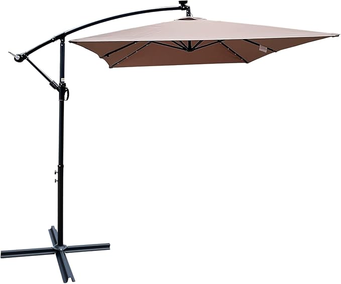 10x6.5FT Patio Umbrella, Outdoor Offset Umbrella with Cross Base and Crank, Rectangular Cantilever Umbrella with Solar Lights, Hanging Market Umbrella with 6 Rids for Pool, Deck, Backyard (Mushroom)