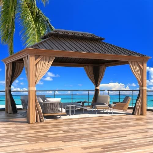 MELLCOM 12' x 14' Hardtop Gazebo, Wooden Finish Coated Aluminum Frame Gazebo with Galvanized Steel Double Roof, Outdoor Permanent Metal Pavilion with Curtains and Nettings for Patio, Lawn & Garden