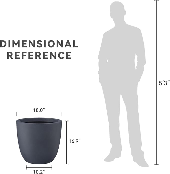 Kante 18 Inch Dia Round Concrete Planter, Indoor Outdoor Large Plant Pot with Drainage Hole and Rubber Plug for Home Patio Garden, Charcoal