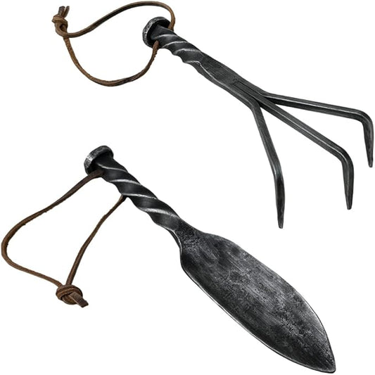 Hand Forged Twisted Metal Garden Tools Set of 2 Pcs Wrought Iron Handmade Garden Transplant Trowel and Rack Tools for Garden Cultivator Black Antique Finish Heavy Duty Garden Tools by Living IDEA