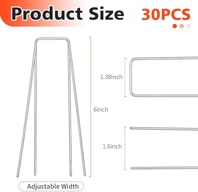 Landscape Staples, Galvanized Garden Stakes, U-Shaped Tent Stakes, 30 Pcs 6 Inch 11 Gauge Plant Cover Stakes, Anti-Rust Ground Sod Pins Yard Stakes for Landscape Weed Barrier Irrigation Tubing