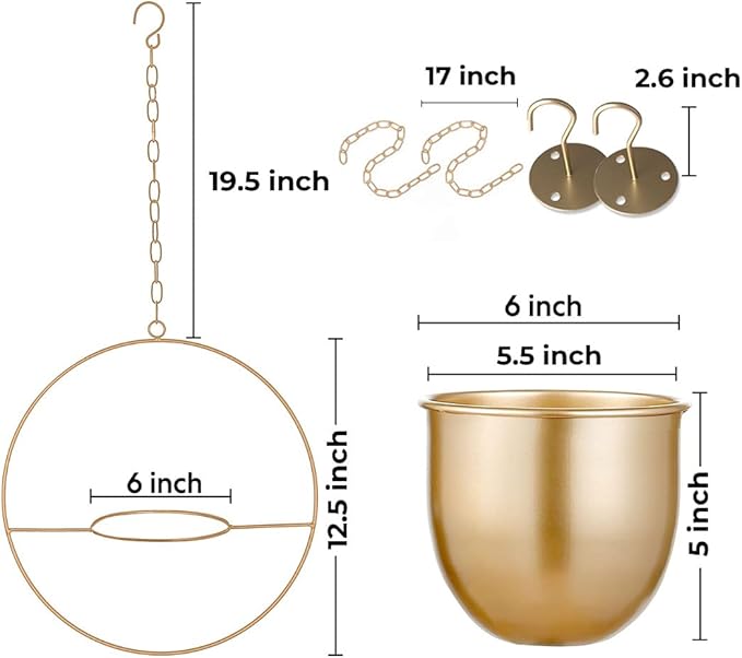 2 Pack Gold Hanging Planter, Hanging Planters for Indoor Plants with 5.5" Pot + Ceiling Hook + Extender Chain, Gold Plant Hanger, NO Plant incld