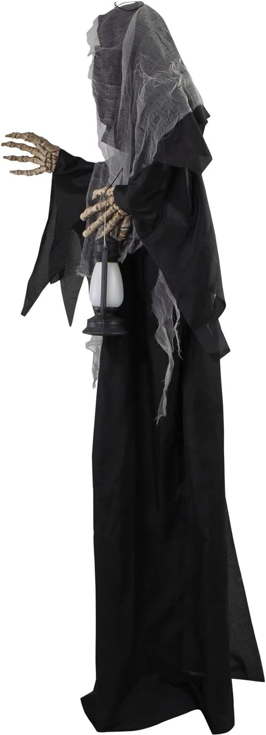 Haunted Hill Farm Life-Size Scary Skeleton Reaper Holding Lantern, Halloween Animatronic with Touch Activated Lights and Sound, Battery Operated Indoor or Covered Outdoor Halloween Decorations