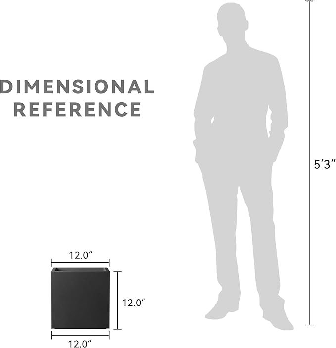 Kante 12 Inch Square Concrete Planter for Outdoor Indoor Home Patio Garden, Large Plant Pot with Drainage Hole and Rubber Plug, Black